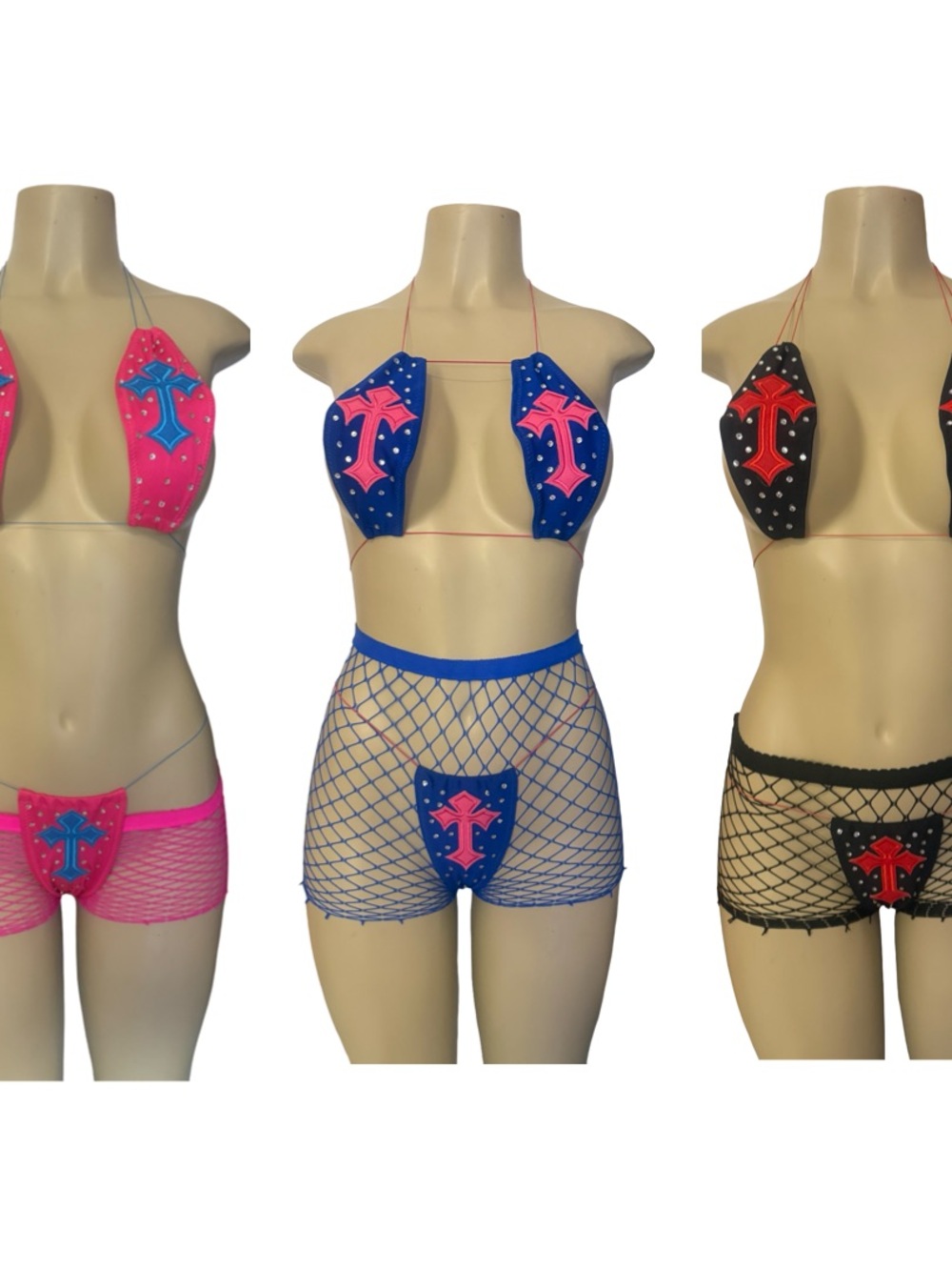 Sheer Fishnet Bandeau Set with Cross Appliqué - rhinestones